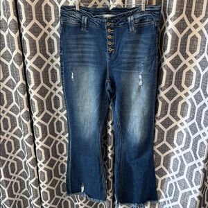 KanCan Dark Blue Distressed Flare Jeans with Button Fly